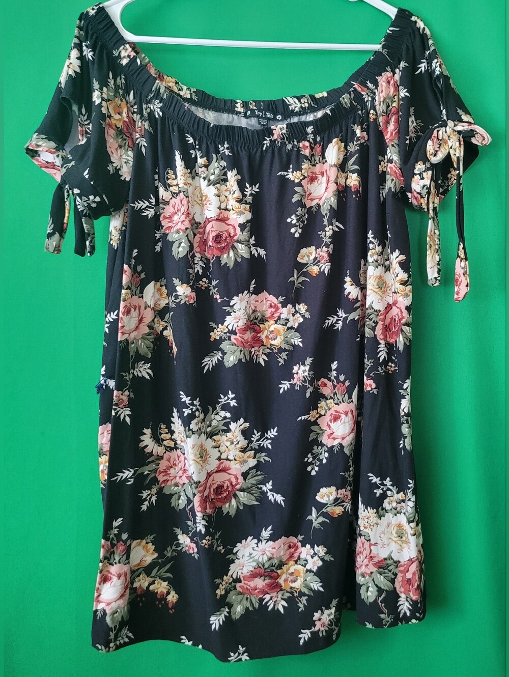 Off-Shoulder Floral Women Black Pink Rose Print Dress Mini Sz 3x Try This Career